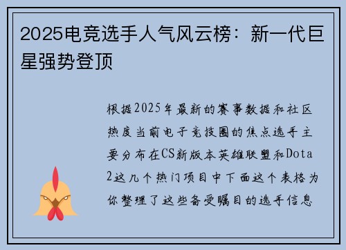 2025电竞选手人气风云榜：新一代巨星强势登顶
